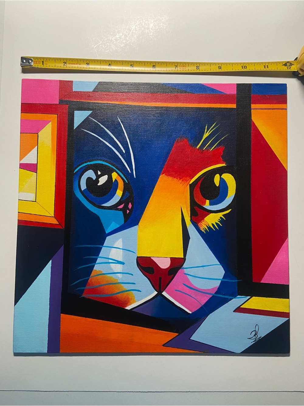 Original Handmade Colorful Geometric Cat Acrylic Painting Pop Art - Wall ART